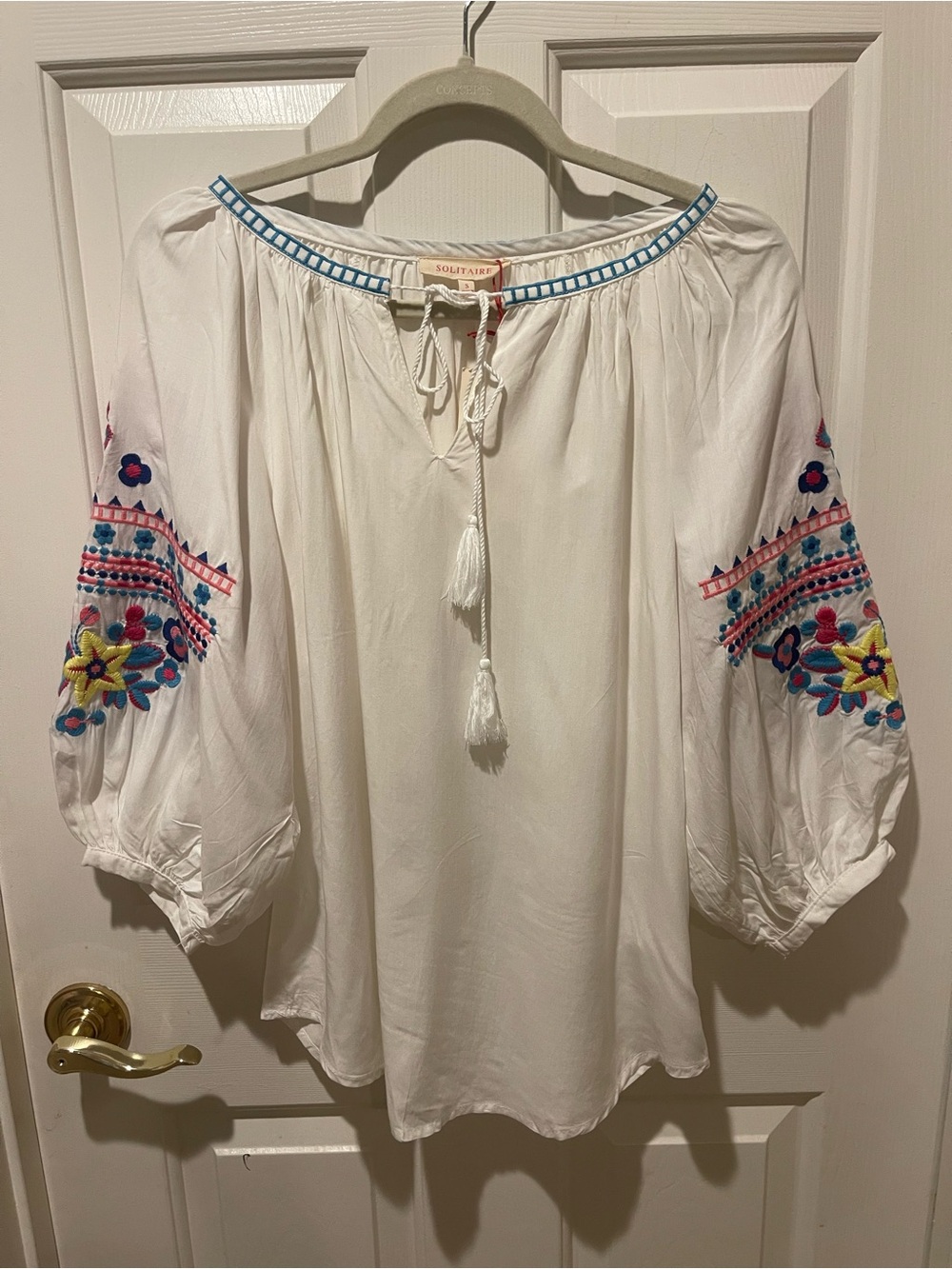 Solitaire | White Peasant Top with Multicolor Floral Sleeve Embroidery | Small